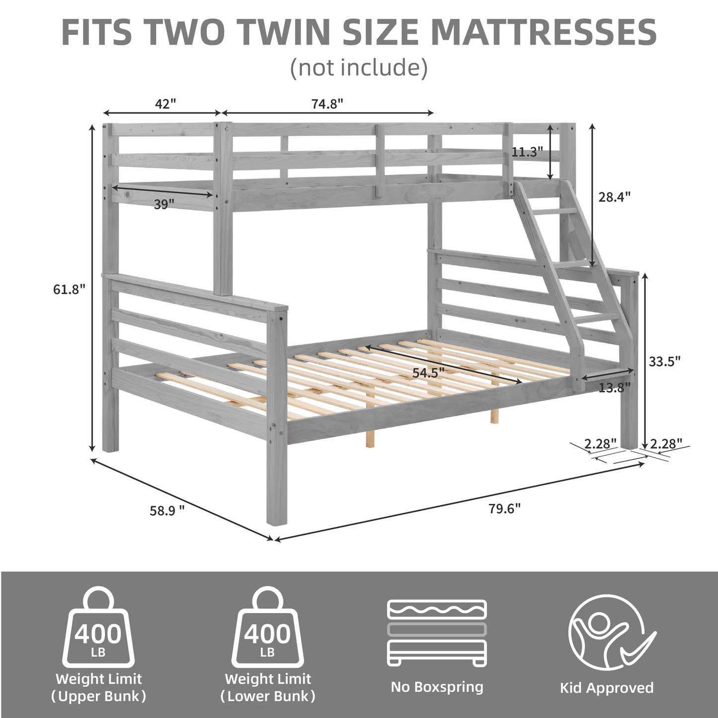 CAFORKP Twin Over Full Wooden Bunk Bed with Thick Posts, High Guardrail & Ladder for Kids, Gray