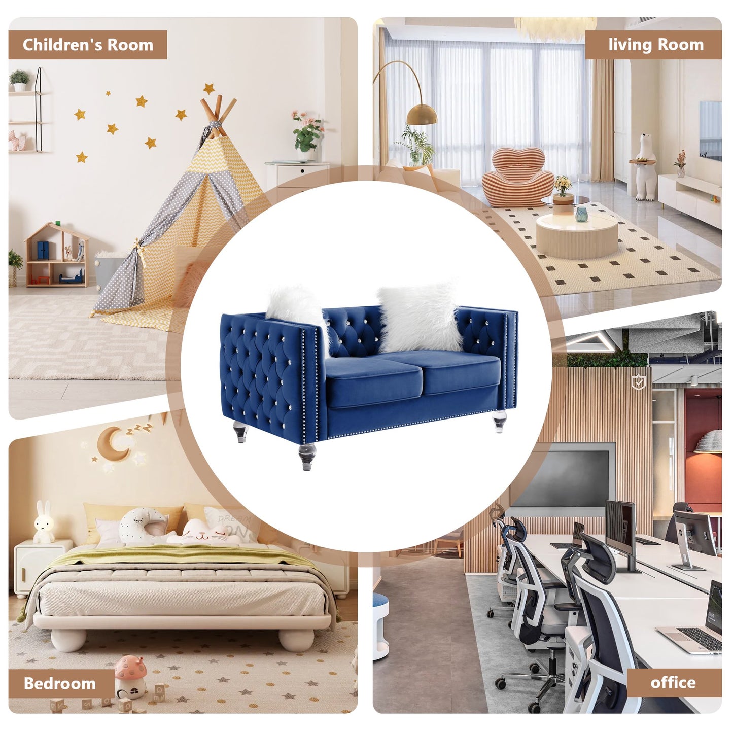 CAFORKP Velvet Loveseat Sofa, Solid Wood Frame, Polyester Upholstery, Foam Filled, Tufted, Navy Blue