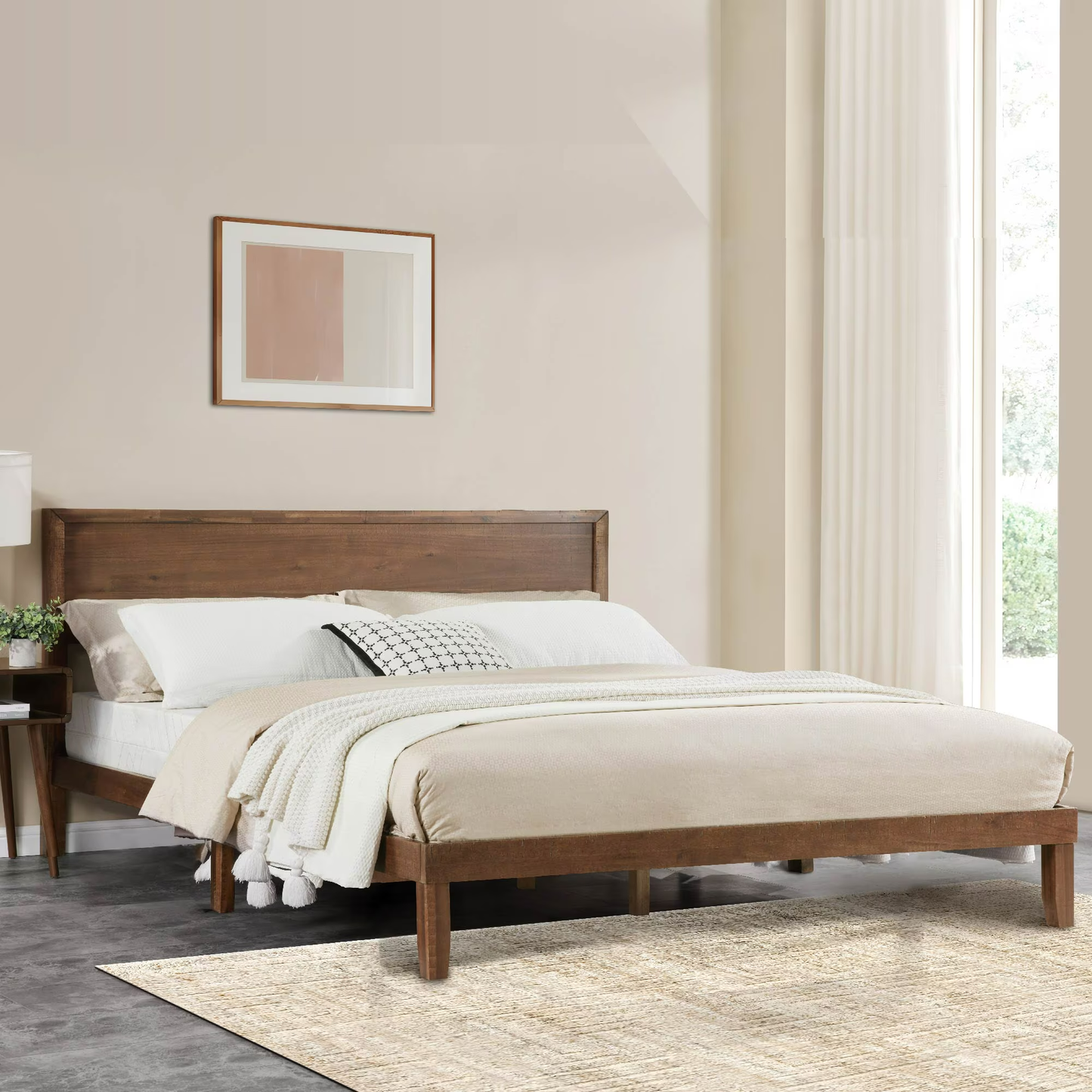 CAFORKP Modern King Oak Platform Bed with Headboard & Slats for Adults, Master Bedroom