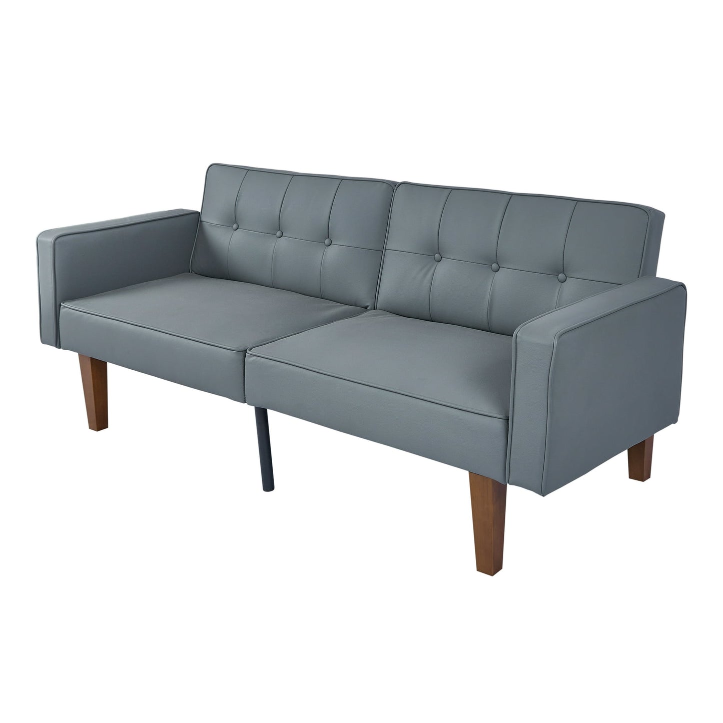 CAFORKP Gray Faux Leather Sofa, Solid Wood Frame, Mid-Century Style, Foam & Spring Support