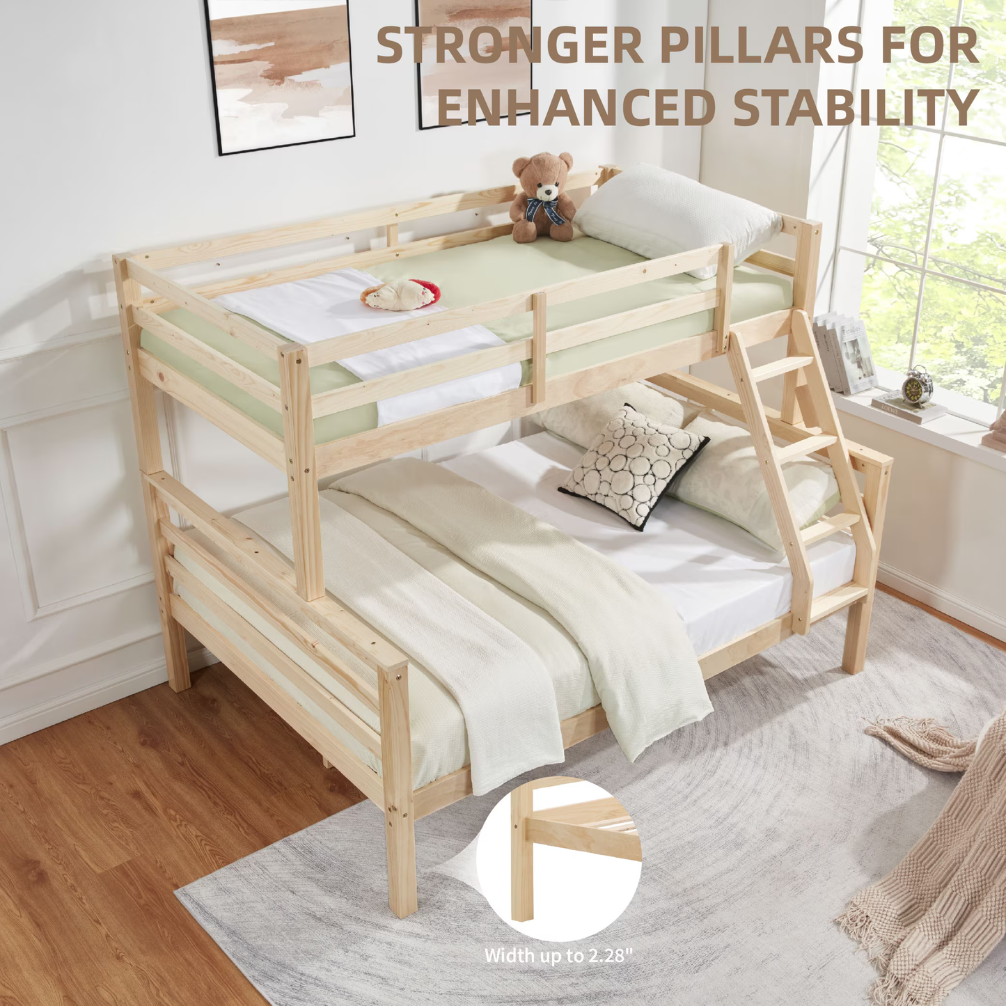 CAFORKP Twin Over Full Wooden Bunk Bed with Thick Posts, High Guardrail & Ladder for Kids, Natural Wood