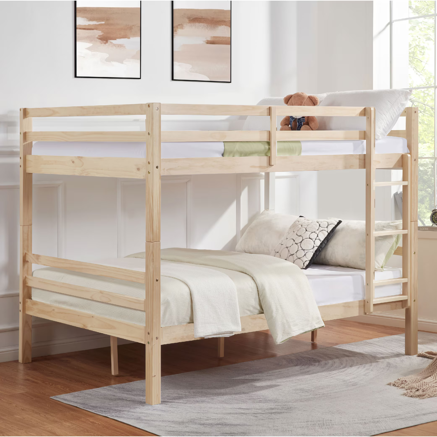CAFORKP Full Over Full Solid Wood Bunk Bed with Thick Posts, High Guardrail & Ladder, 400LBS Capacity - Natural Wood