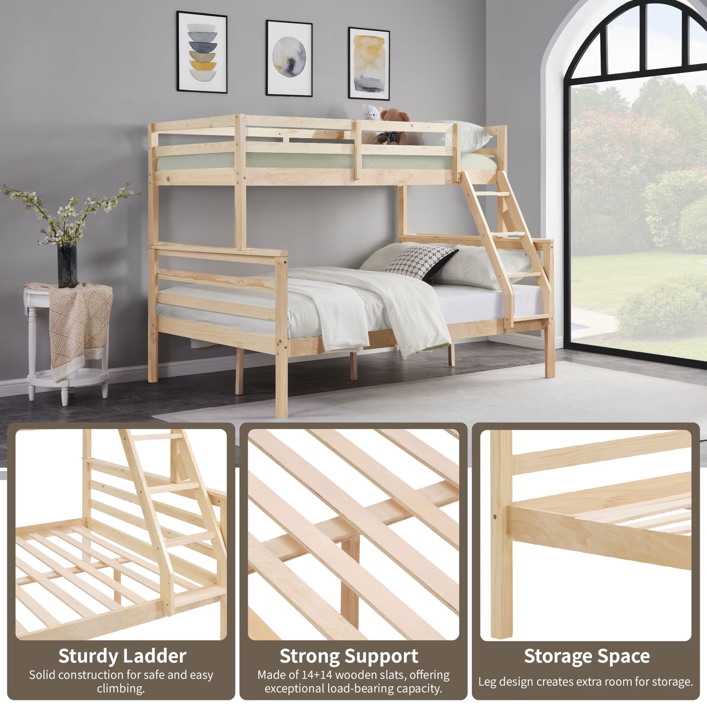 CAFORKP Solid Wood Twin Over Full Bunk Bed with Ladder and High Guardrail – Ideal for Kids & Teens, Natural Wood