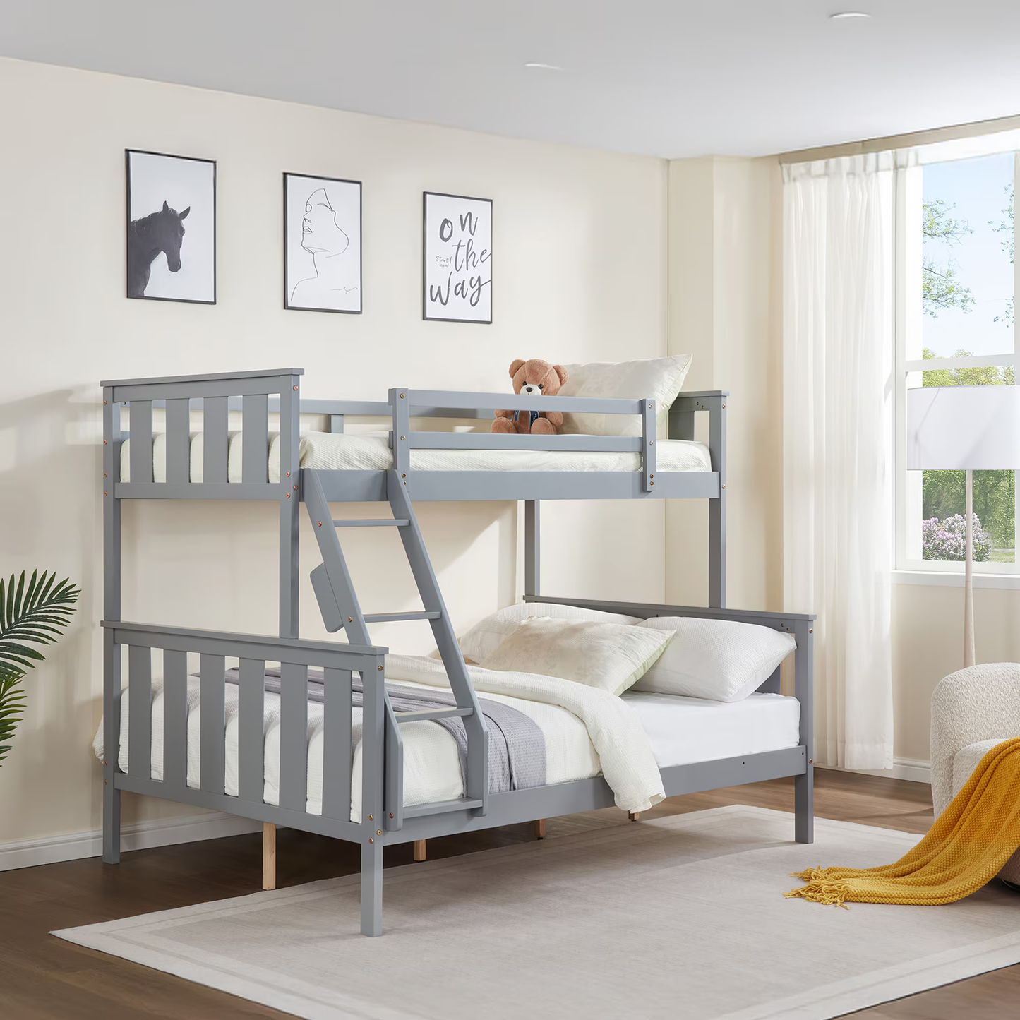 CAFORKP Solid Wood Twin Over Full Bunk Bed - Kids & Teens, Flexible Ladder, Gray